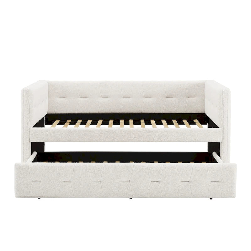 Divano Letto Rivestito in Velluto Trapuntato color Cammello / Bianco / Grigio con Letto Estraibile, per 2 Persone