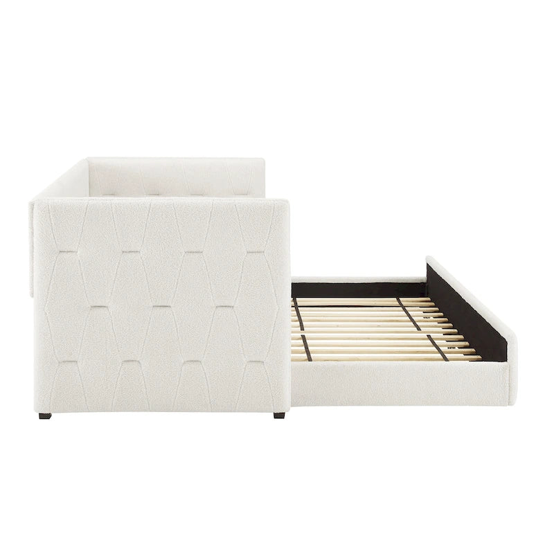 Divano Letto Rivestito in Velluto Trapuntato color Cammello / Bianco / Grigio con Letto Estraibile, per 2 Persone