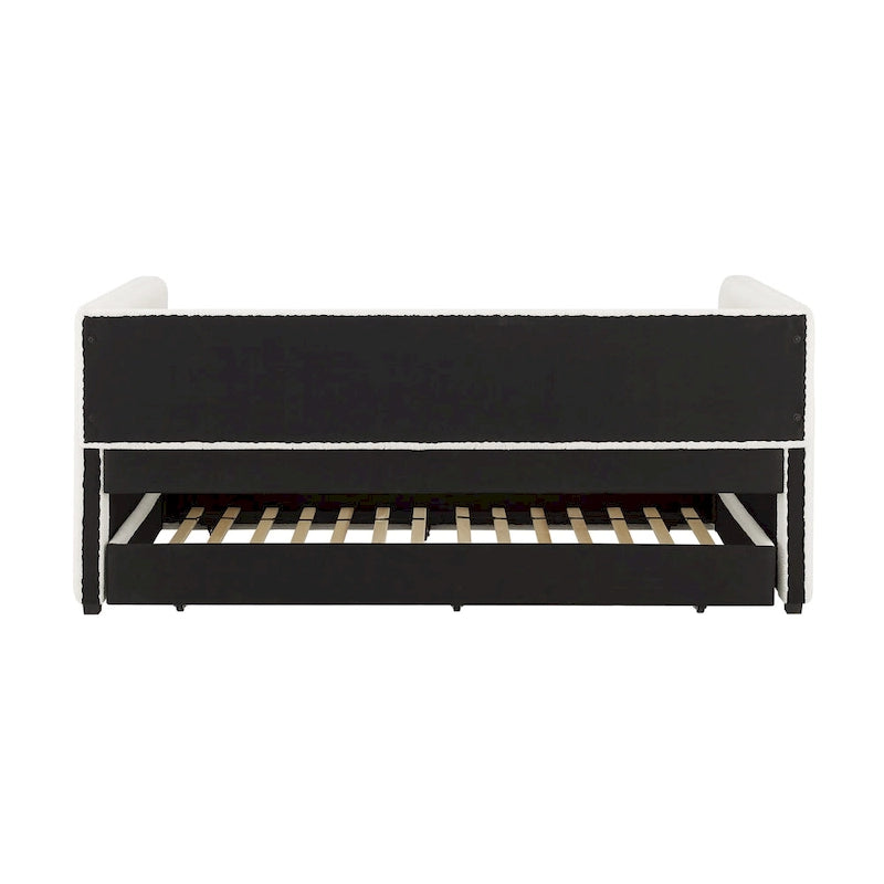Divano Letto Rivestito in Velluto Trapuntato color Cammello / Bianco / Grigio con Letto Estraibile, per 2 Persone