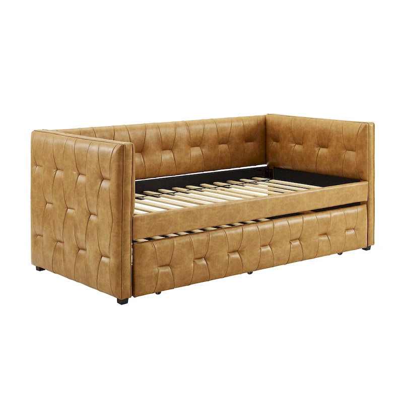Divano Letto Rivestito in Velluto Trapuntato color Cammello / Bianco / Grigio con Letto Estraibile, per 2 Persone