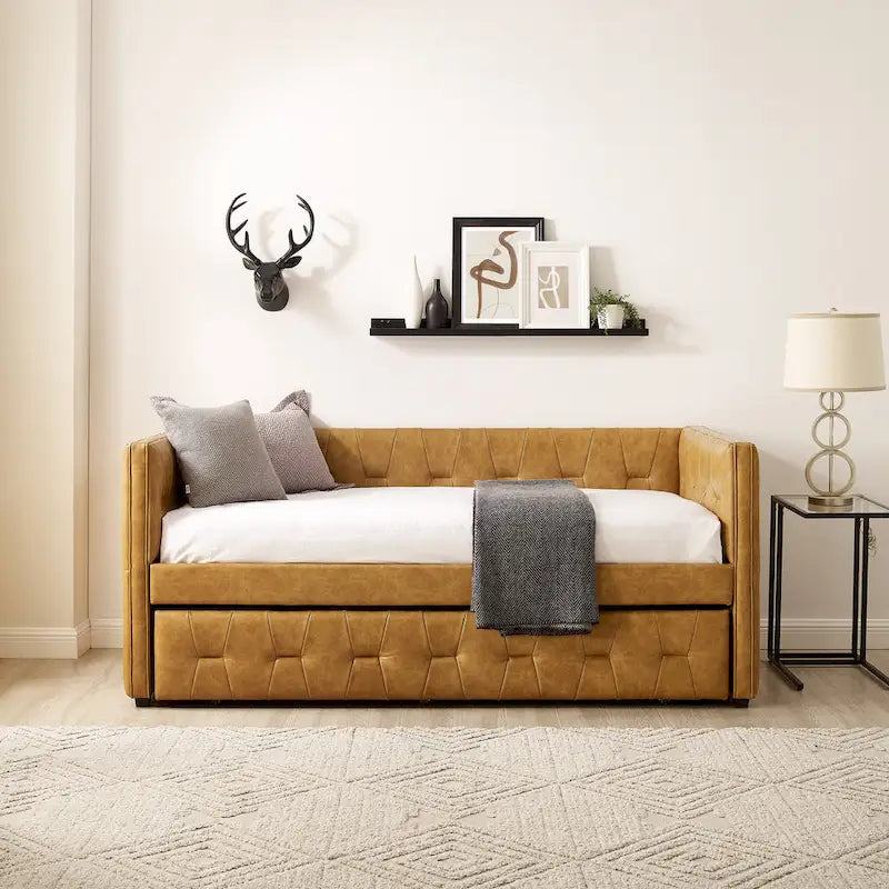 Divano Letto Rivestito in Velluto Trapuntato color Cammello / Bianco / Grigio con Letto Estraibile, per 2 Persone