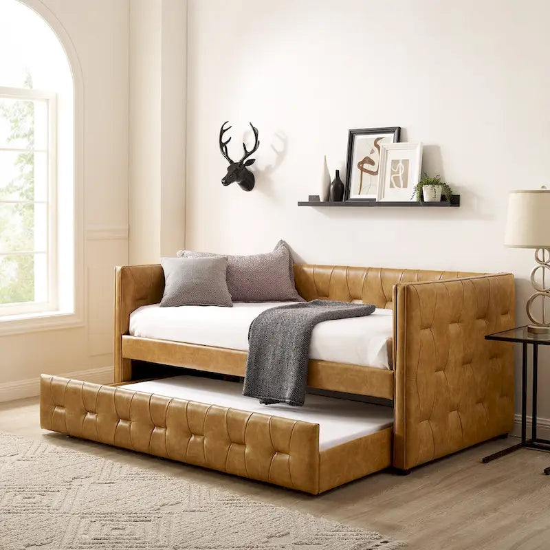 Divano Letto Rivestito in Velluto Trapuntato color Cammello / Bianco / Grigio con Letto Estraibile, per 2 Persone