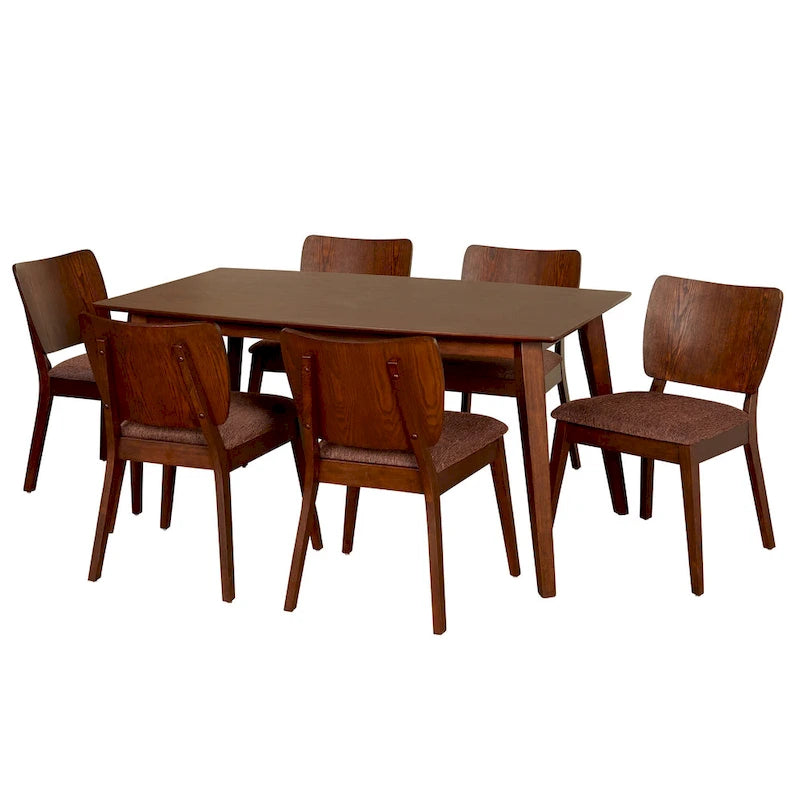 Set da pranzo moderno di metà secolo, 7 pezzi, color noce, 6 posti
