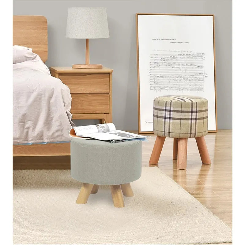 Adeco Ottomano Rotondo Moderno Poggiapiedi Domestico Sgabello/Pouf con Seduta in Tessuto Lino