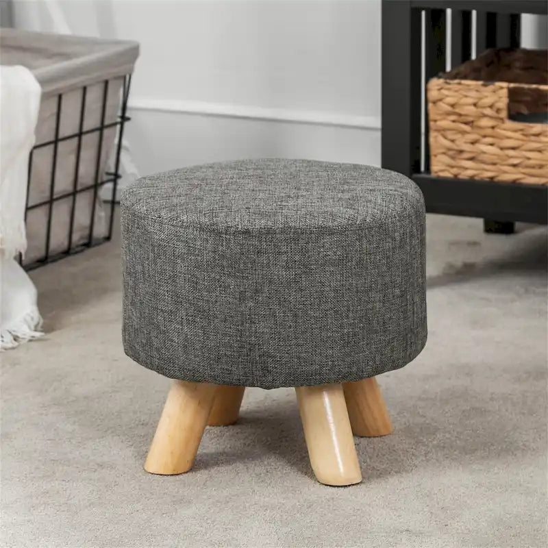 Adeco Ottomano Rotondo Moderno Poggiapiedi Domestico Sgabello/Pouf con Seduta in Tessuto Lino
