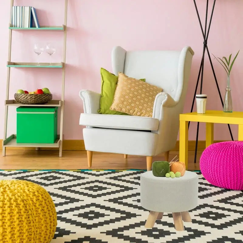 Adeco Ottomano Rotondo Moderno Poggiapiedi Domestico Sgabello/Pouf con Seduta in Tessuto Lino