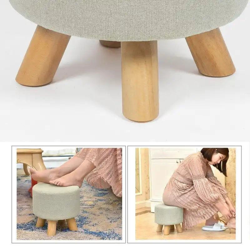 Adeco Ottomano Rotondo Moderno Poggiapiedi Domestico Sgabello/Pouf con Seduta in Tessuto Lino