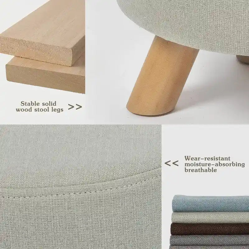 Adeco Ottomano Rotondo Moderno Poggiapiedi Domestico Sgabello/Pouf con Seduta in Tessuto Lino