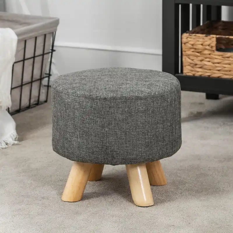 Adeco Ottomano Rotondo Moderno Poggiapiedi Domestico Sgabello/Pouf con Seduta in Tessuto Lino