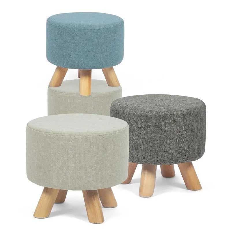 Adeco Ottomano Rotondo Moderno Poggiapiedi Domestico Sgabello/Pouf con Seduta in Tessuto Lino