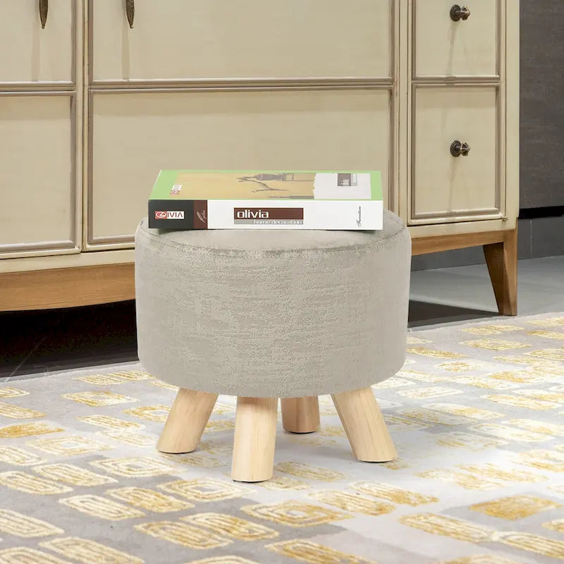 Adeco Ottomano Rotondo Moderno Poggiapiedi Domestico Sgabello/Pouf con Seduta in Tessuto Lino