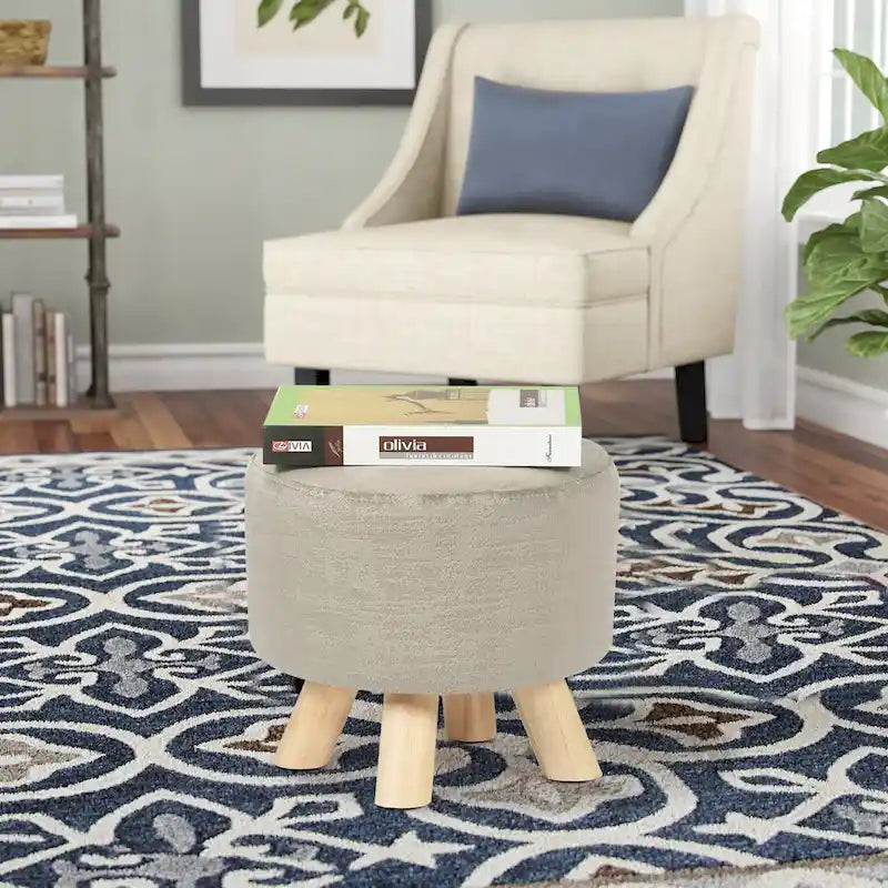 Adeco Ottomano Rotondo Moderno Poggiapiedi Domestico Sgabello/Pouf con Seduta in Tessuto Lino