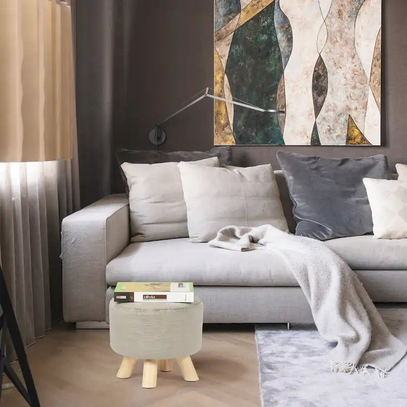 Adeco Ottomano Rotondo Moderno Poggiapiedi Domestico Sgabello/Pouf con Seduta in Tessuto Lino