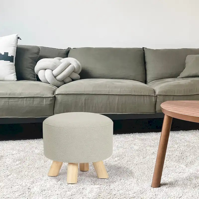 Adeco Ottomano Rotondo Moderno Poggiapiedi Domestico Sgabello/Pouf con Seduta in Tessuto Lino