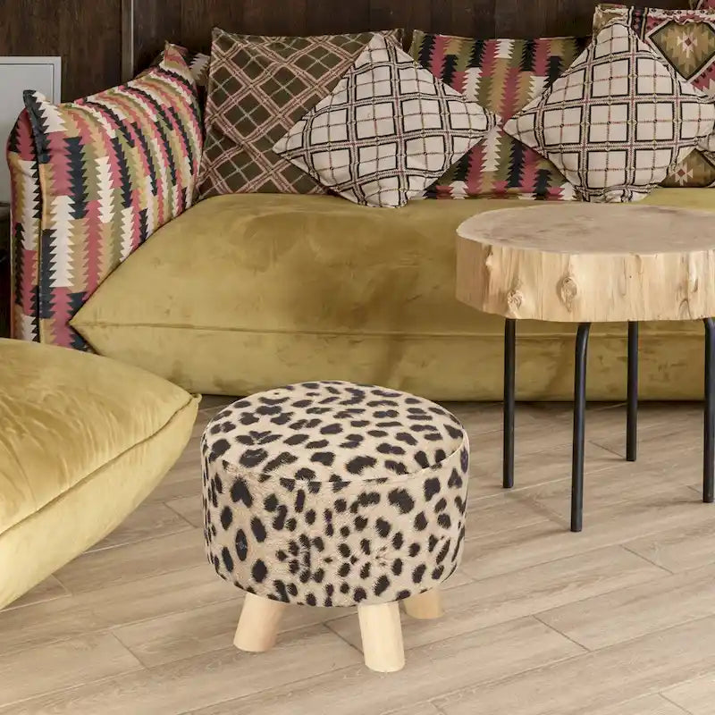 Adeco Ottomano Rotondo Moderno Poggiapiedi Domestico Sgabello/Pouf con Seduta in Tessuto Lino