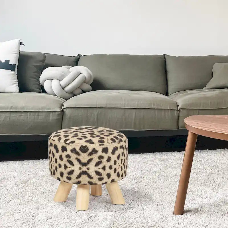 Adeco Ottomano Rotondo Moderno Poggiapiedi Domestico Sgabello/Pouf con Seduta in Tessuto Lino