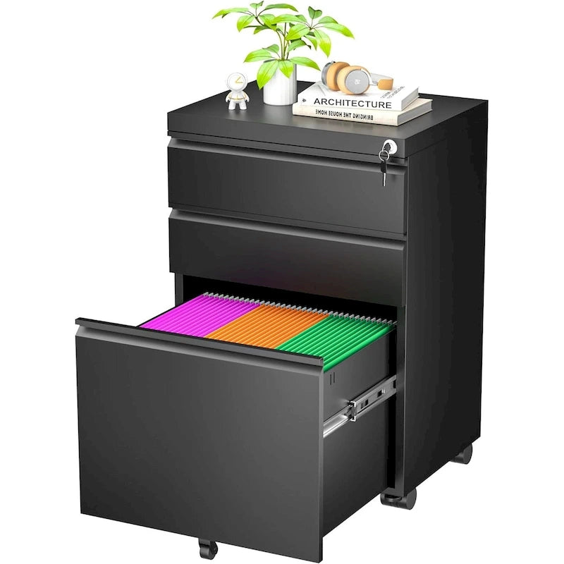 Schedario in metallo a 3 cassetti con serratura – Nero/Arancione/Blu/Bianco/Rosa/Grigio, con ruote o verticale, 1 persona