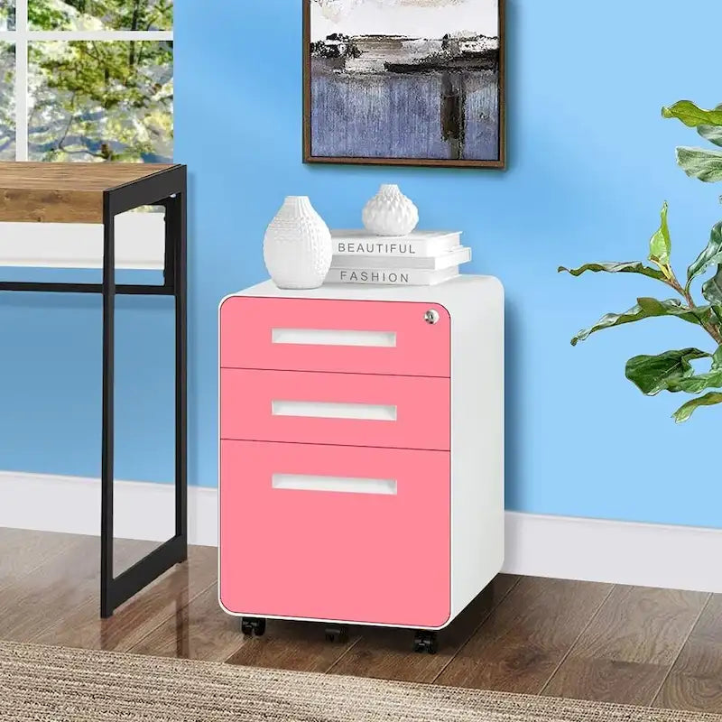 Schedario in metallo a 3 cassetti con serratura – Nero/Arancione/Blu/Bianco/Rosa/Grigio, con ruote o verticale, 1 persona
