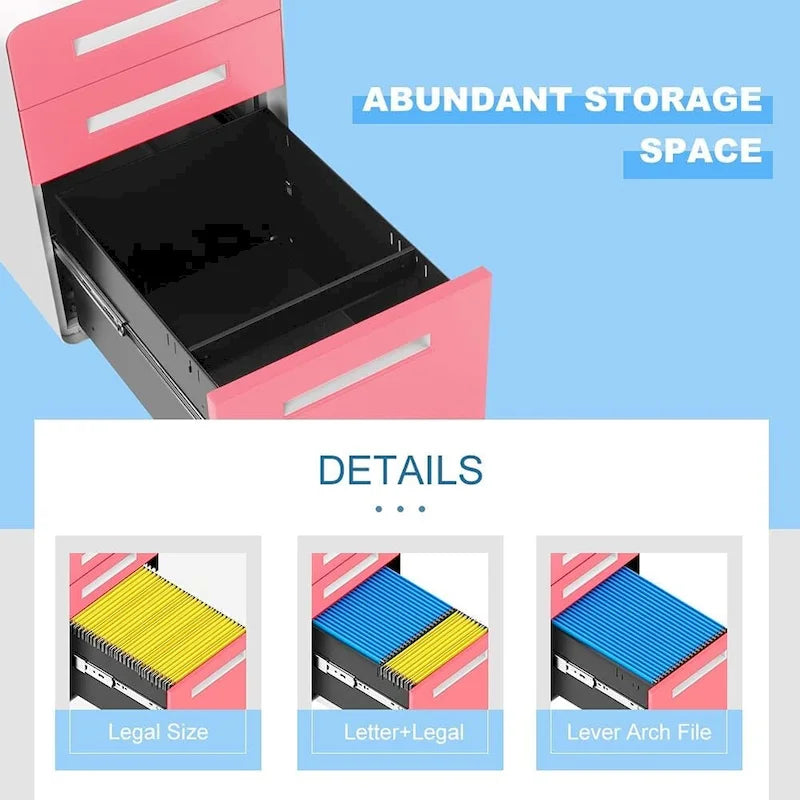 Schedario in metallo a 3 cassetti con serratura – Nero/Arancione/Blu/Bianco/Rosa/Grigio, con ruote o verticale, 1 persona