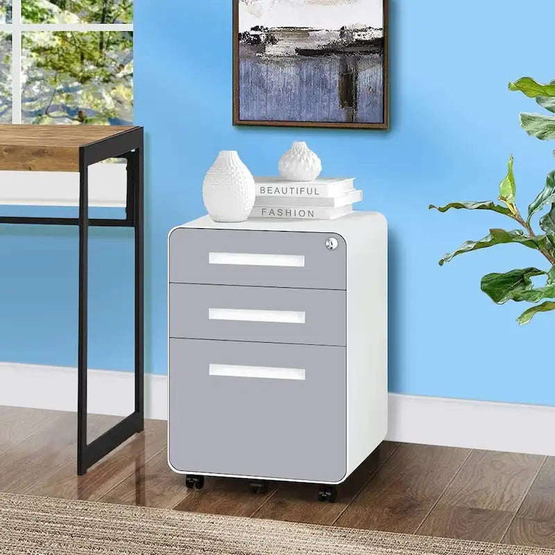 Schedario in metallo a 3 cassetti con serratura – Nero/Arancione/Blu/Bianco/Rosa/Grigio, con ruote o verticale, 1 persona