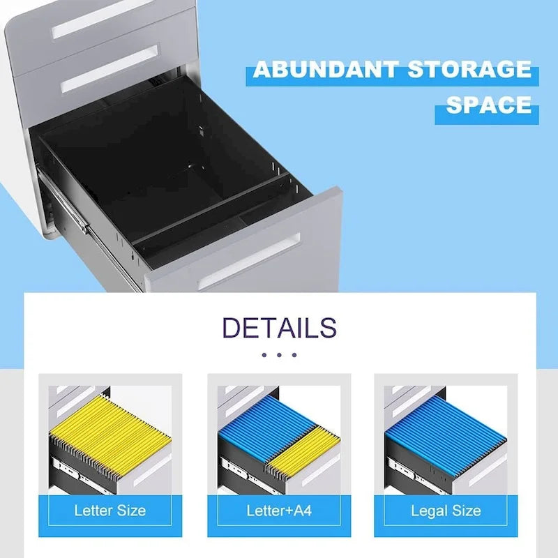 Schedario in metallo a 3 cassetti con serratura – Nero/Arancione/Blu/Bianco/Rosa/Grigio, con ruote o verticale, 1 persona
