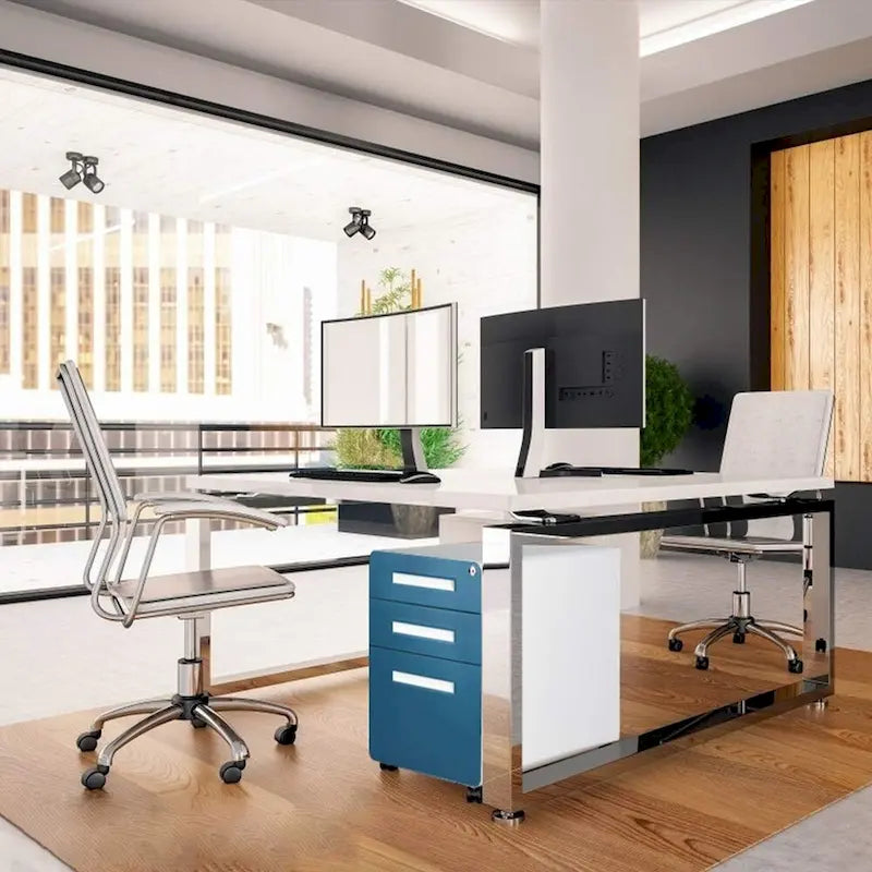 Schedario in metallo a 3 cassetti con serratura – Nero/Arancione/Blu/Bianco/Rosa/Grigio, con ruote o verticale, 1 persona