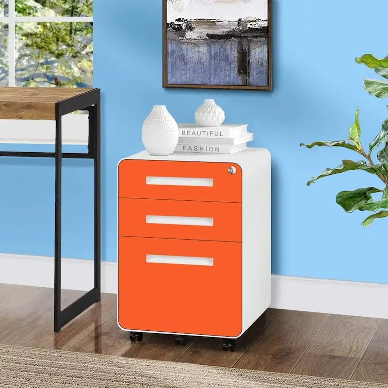 Schedario in metallo a 3 cassetti con serratura – Nero/Arancione/Blu/Bianco/Rosa/Grigio, con ruote o verticale, 1 persona