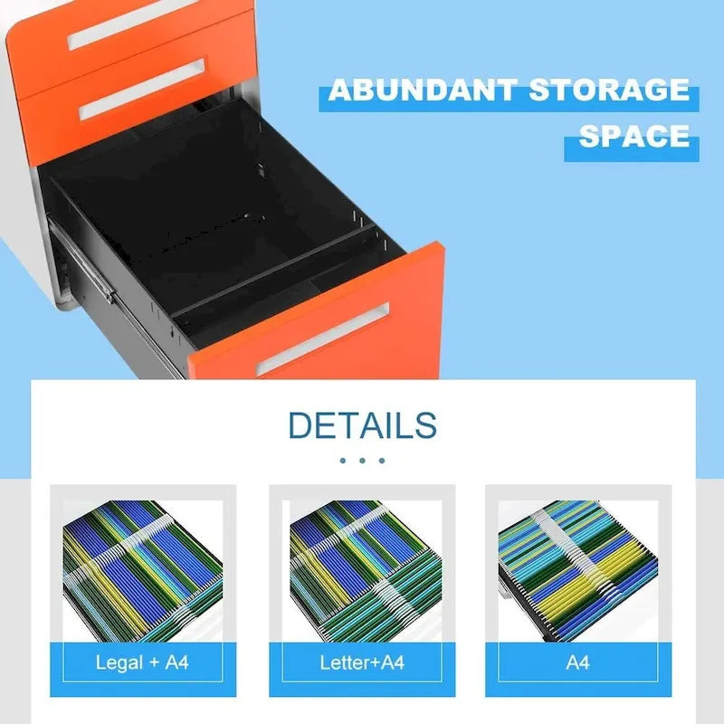 Schedario in metallo a 3 cassetti con serratura – Nero/Arancione/Blu/Bianco/Rosa/Grigio, con ruote o verticale, 1 persona