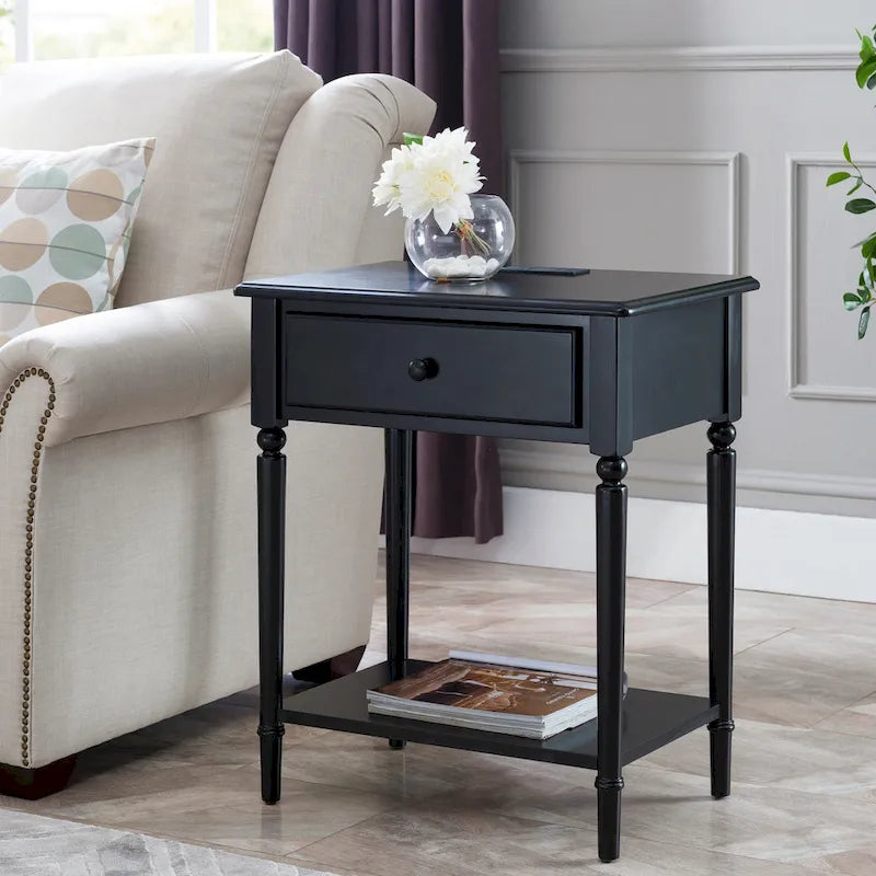 Comodino Nero/Bianco/Marrone/Grigio/Blu scuro con cassetto e porte di ricarica