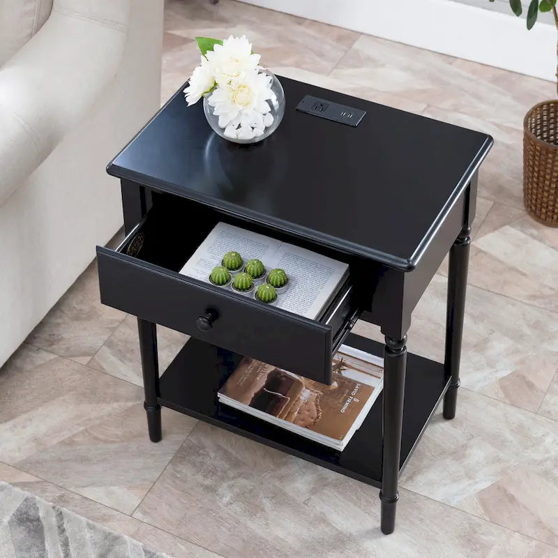 Comodino Nero/Bianco/Marrone/Grigio/Blu scuro con cassetto e porte di ricarica
