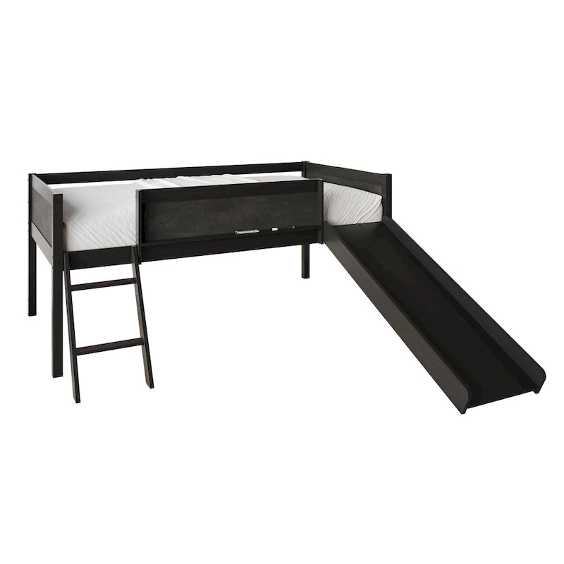 Letto a soppalco basso classico singolo CraftPorch con lavagna, scivolo e scaletta