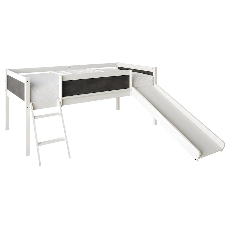 Letto a soppalco basso classico singolo CraftPorch con lavagna, scivolo e scaletta