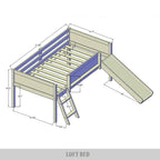 Letto a soppalco basso classico singolo CraftPorch con lavagna, scivolo e scaletta