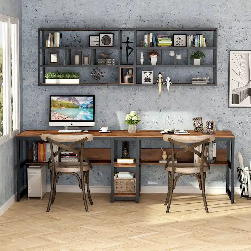 Scrivania a 2 posti con libreria, stile industriale, colori multipli