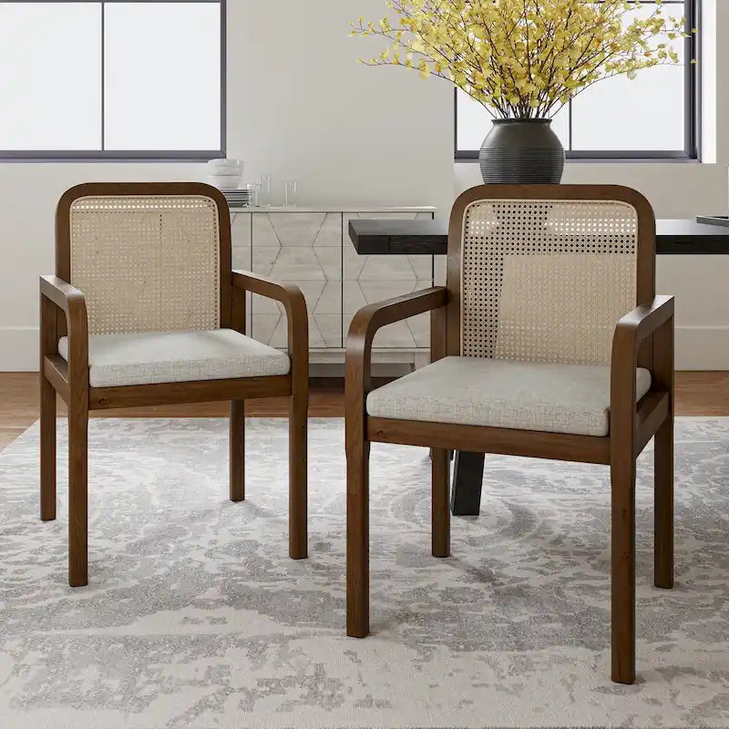 Sedia da pranzo con schienale in rattan nero/acorn e cuscino rimovibile, set da 2
