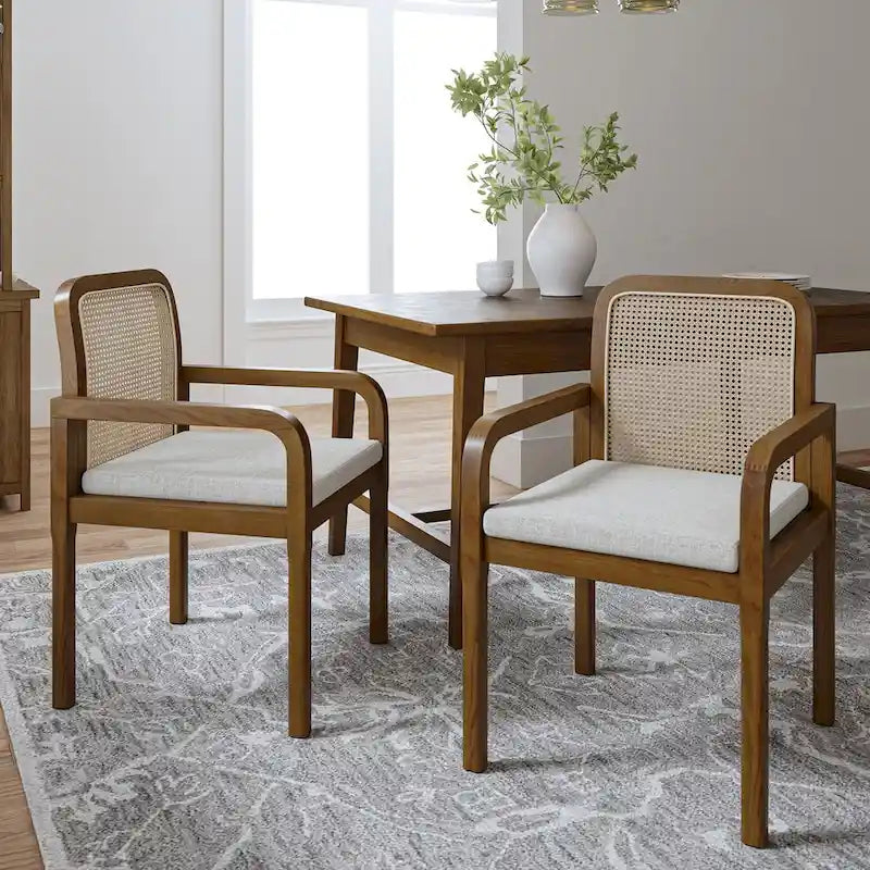 Sedia da pranzo con schienale in rattan nero/acorn e cuscino rimovibile, set da 2