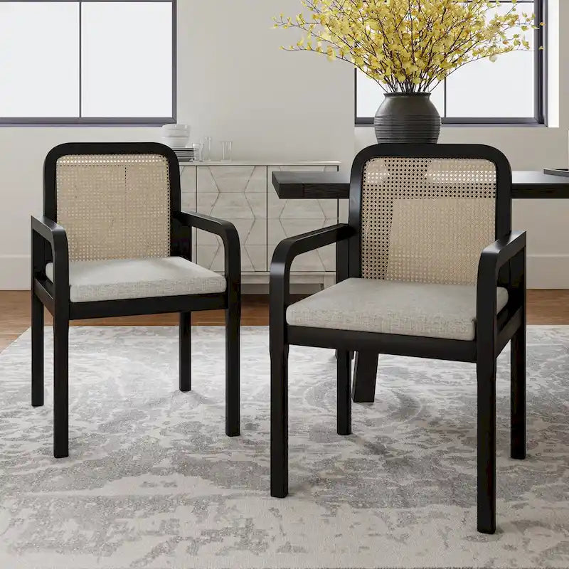 Sedia da pranzo con schienale in rattan nero/acorn e cuscino rimovibile, set da 2