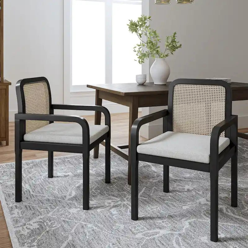 Sedia da pranzo con schienale in rattan nero/acorn e cuscino rimovibile, set da 2