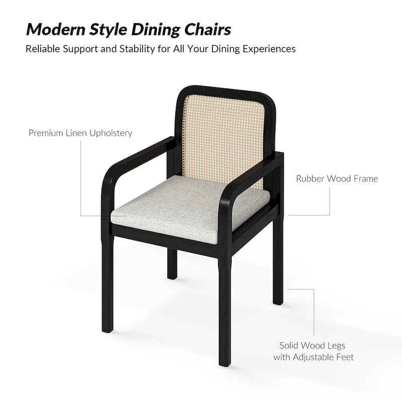 Sedia da pranzo con schienale in rattan nero/acorn e cuscino rimovibile, set da 2