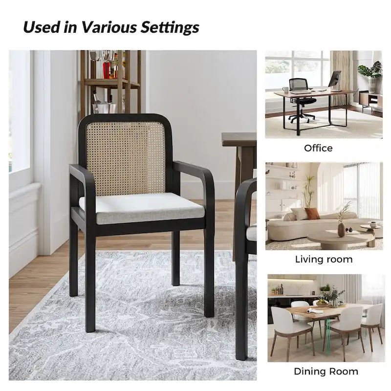 Sedia da pranzo con schienale in rattan nero/acorn e cuscino rimovibile, set da 2