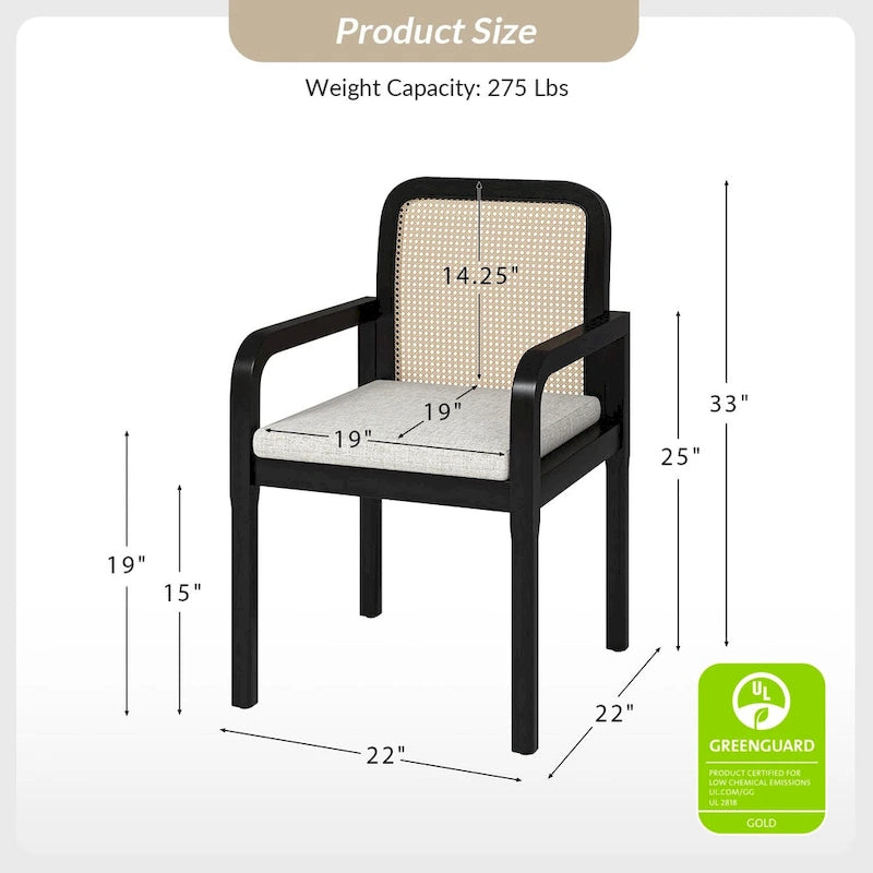 Sedia da pranzo con schienale in rattan nero/acorn e cuscino rimovibile, set da 2