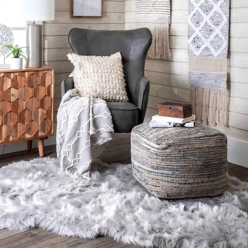 Pouf ottomano Nuloom Granada in maglia casual denim e iuta