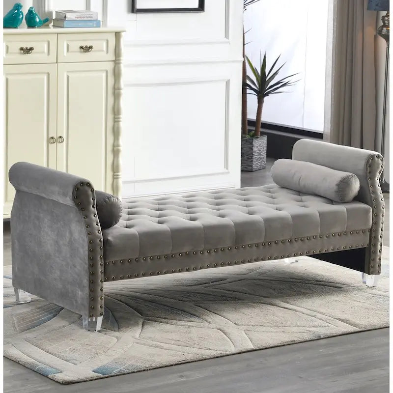 Panca Capitonnè con braccioli arrotolati, rivestimento in velluto blu e gambe in acrilico, 2-3 posti, 180 cm