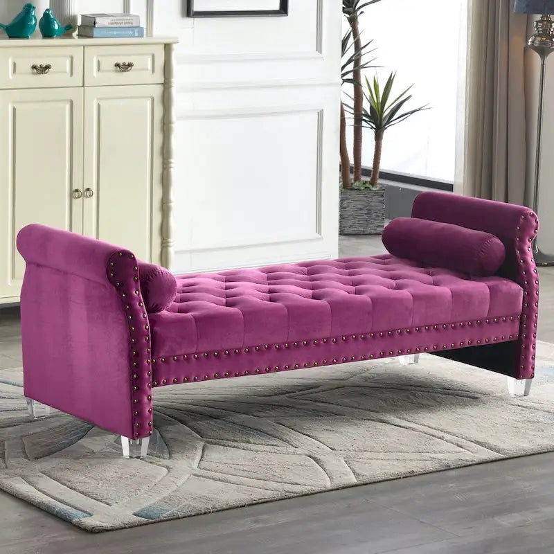 Panca Capitonnè con braccioli arrotolati, rivestimento in velluto blu e gambe in acrilico, 2-3 posti, 180 cm