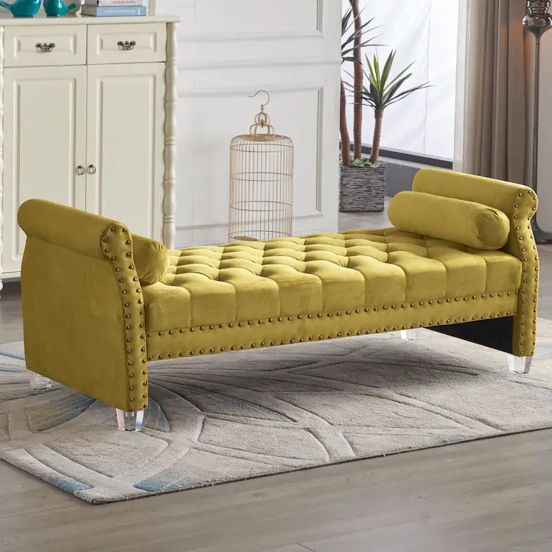 Panca Capitonnè con braccioli arrotolati, rivestimento in velluto blu e gambe in acrilico, 2-3 posti, 180 cm