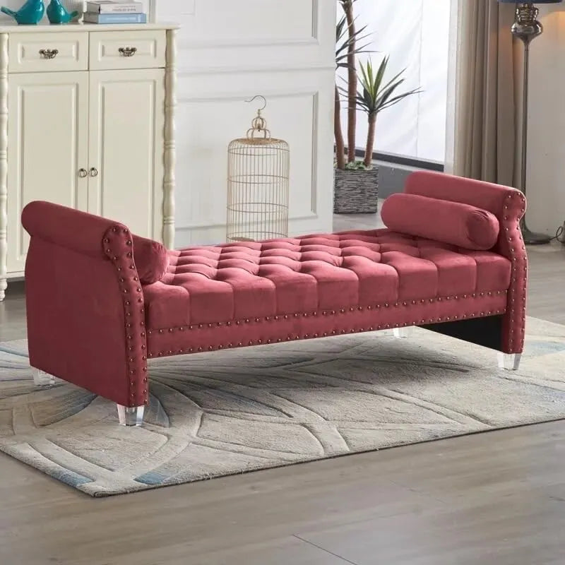 Panca Capitonnè con braccioli arrotolati, rivestimento in velluto blu e gambe in acrilico, 2-3 posti, 180 cm