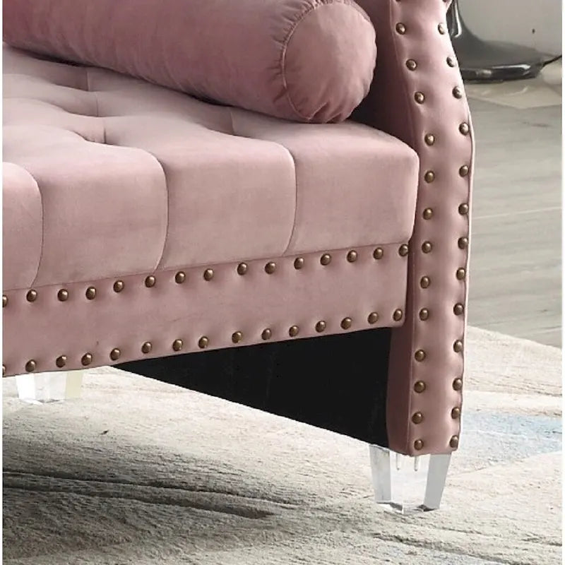Panca Capitonnè con braccioli arrotolati, rivestimento in velluto blu e gambe in acrilico, 2-3 posti, 180 cm