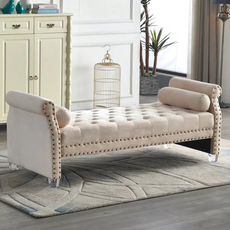 Panca Capitonnè con braccioli arrotolati, rivestimento in velluto blu e gambe in acrilico, 2-3 posti, 180 cm