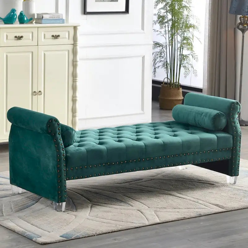 Panca Capitonnè con braccioli arrotolati, rivestimento in velluto blu e gambe in acrilico, 2-3 posti, 180 cm