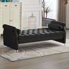 Panca Capitonnè con braccioli arrotolati, rivestimento in velluto blu e gambe in acrilico, 2-3 posti, 180 cm